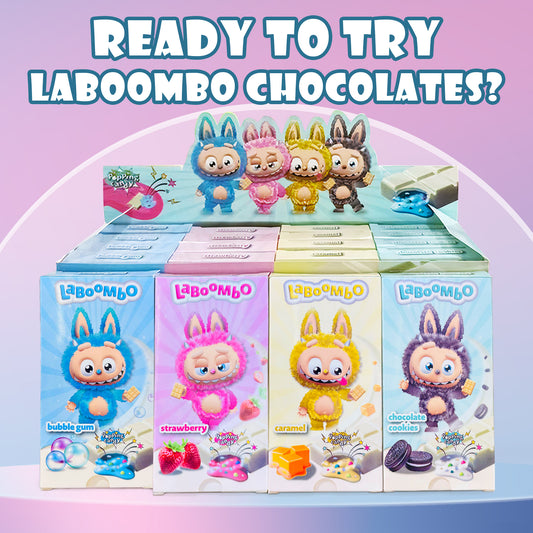 Ceres Gourmet’s Laboombo Dubai Chocolate Bars (Cookies, Strawberry, Caramel, Bubble Gum – 4x75g) are shown with a cute bunny mascot. Bold text above reads: “Ready to try Laboombo Chocolates’ unique flavors?”.