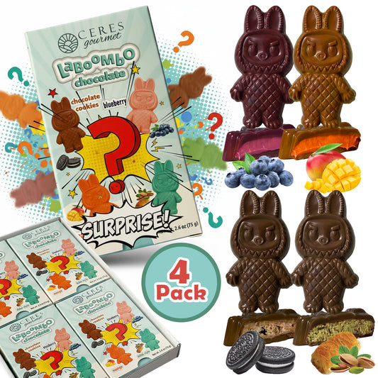 Chocolate bunny-shaped treats with packaging labeled 'Ceres Gourmet LaBoombo' on a colorful background.