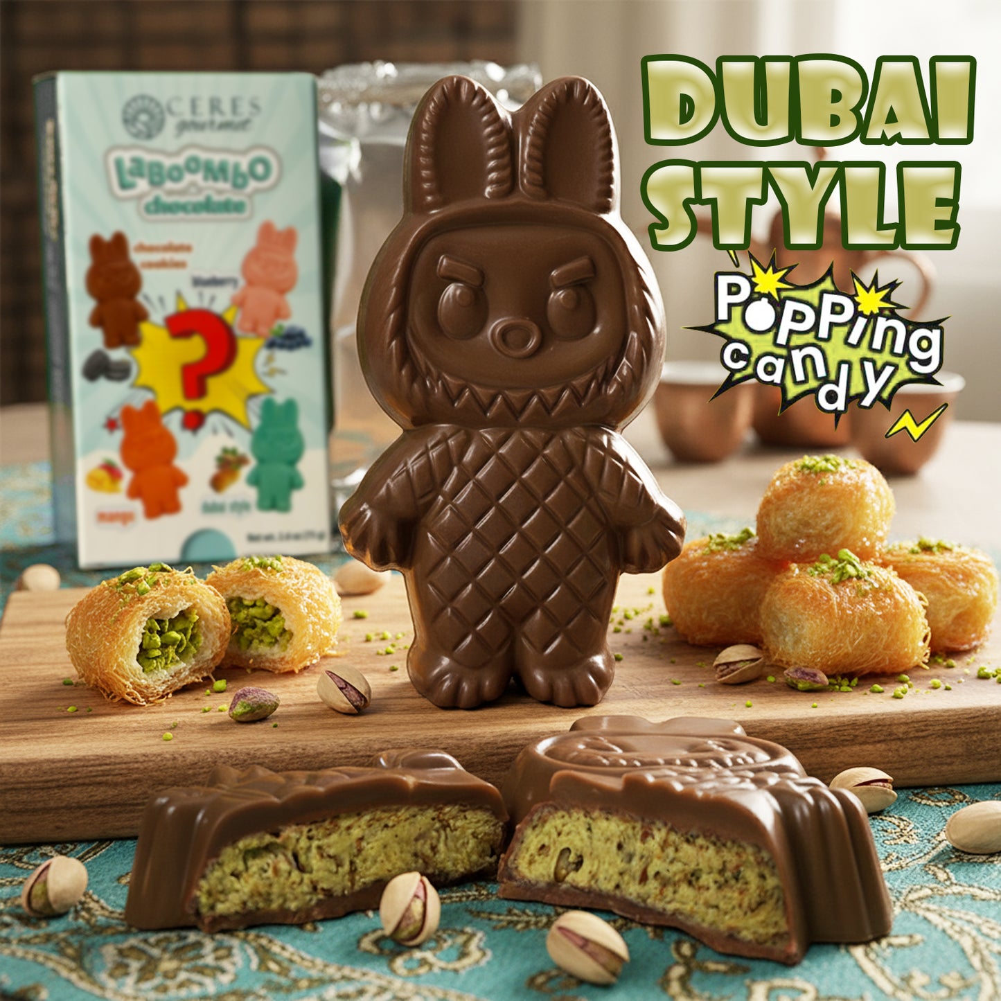 Chocolate bunny figure with pistachio filling on a wooden board, surrounded by other confections.