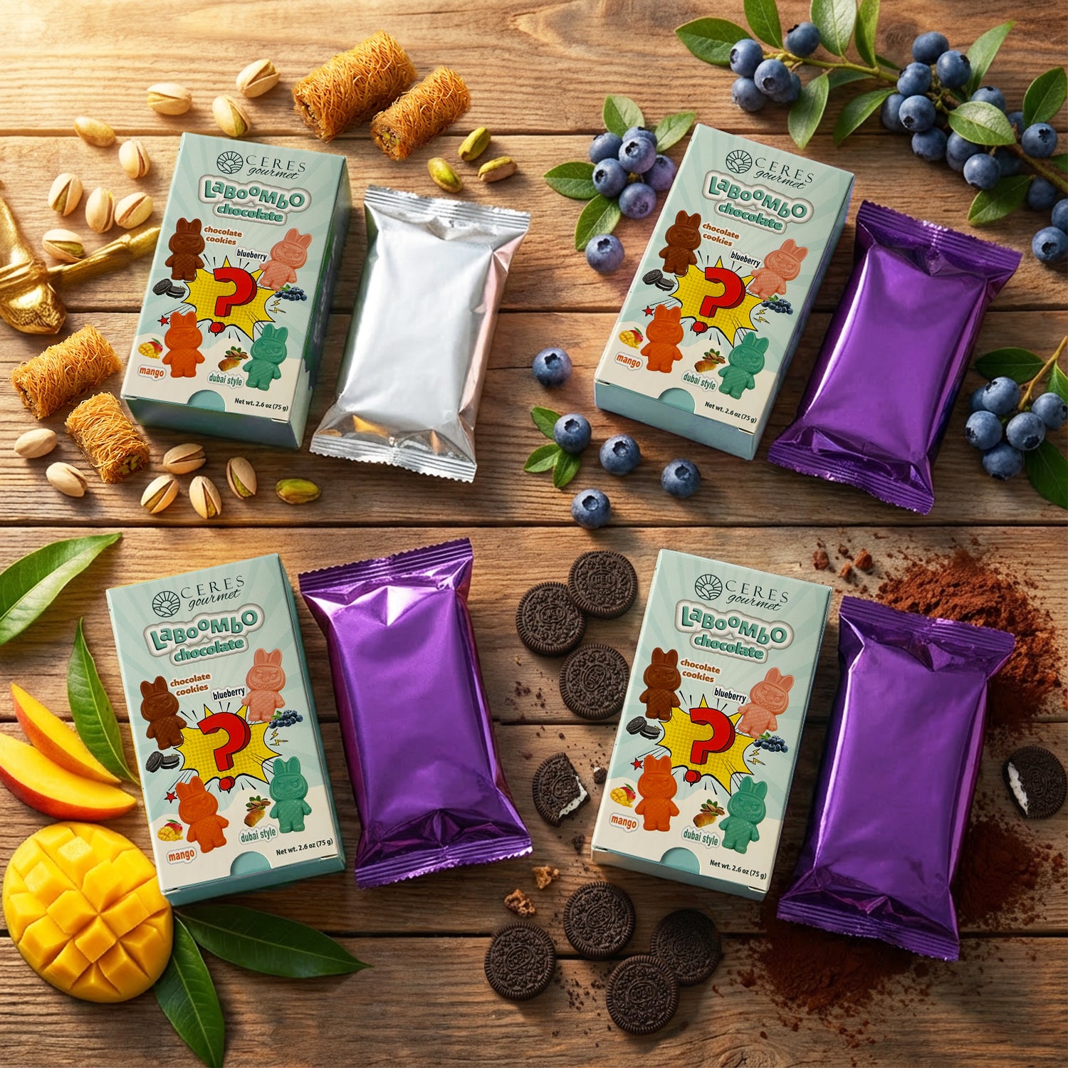 Ceres LagoMio chocolate bars and packaging on a wooden surface with fruits and cookies.