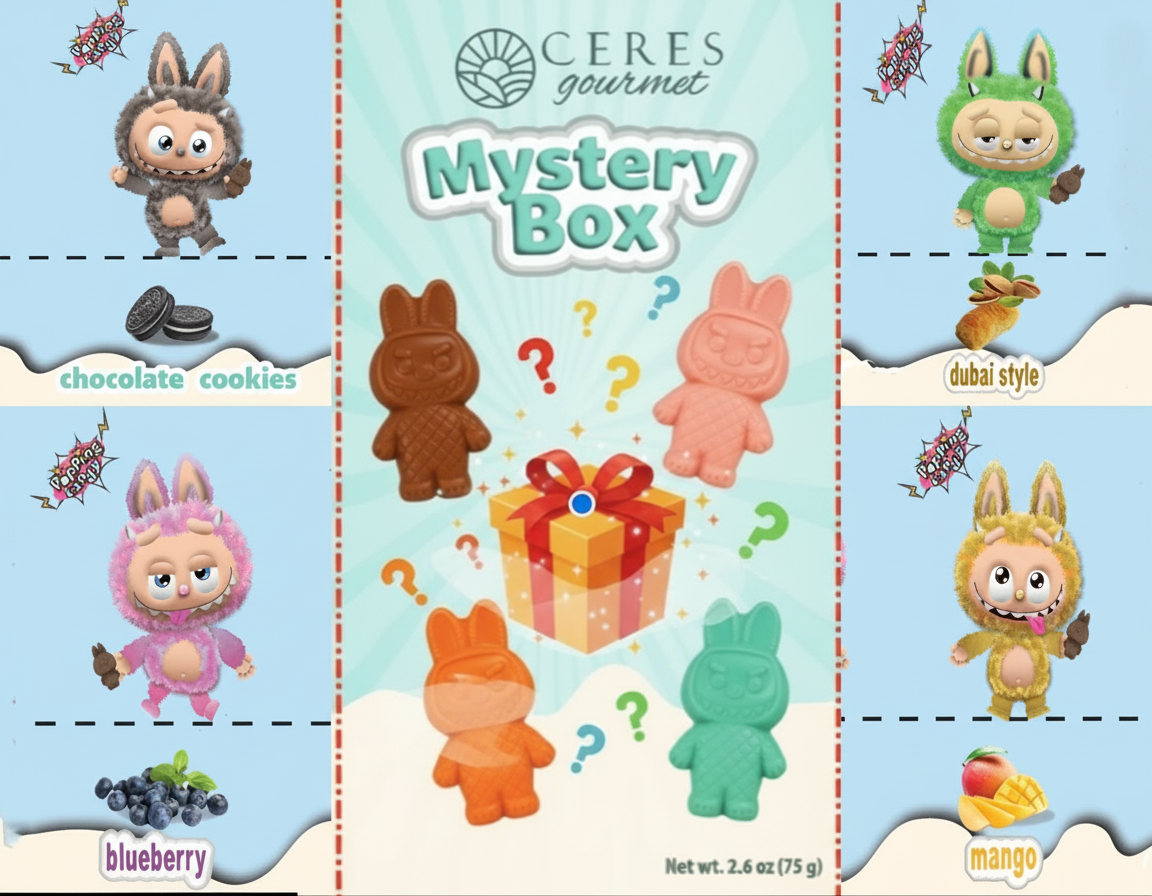 Ceres Gourmet Mystery Box packaging with cartoon animal characters and text on a blue background