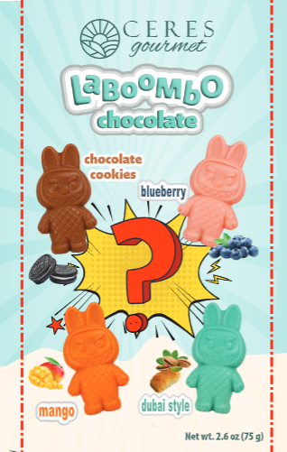 Ceres Gourmet LaBoombo chocolate cookies packaging with colorful cookies and question mark on a light blue background
