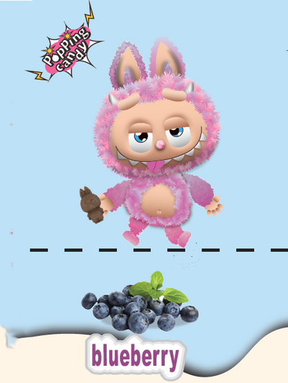 Cartoon character in a pink outfit with blueberries on a light blue background