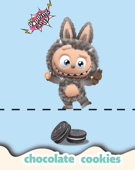 Cartoon character in a chocolate cookie costume with 'Popping Candy' branding on a blue background.