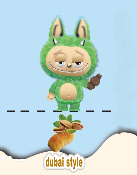 Cartoon character in a green outfit with a blue background and 'dubai style' text.
