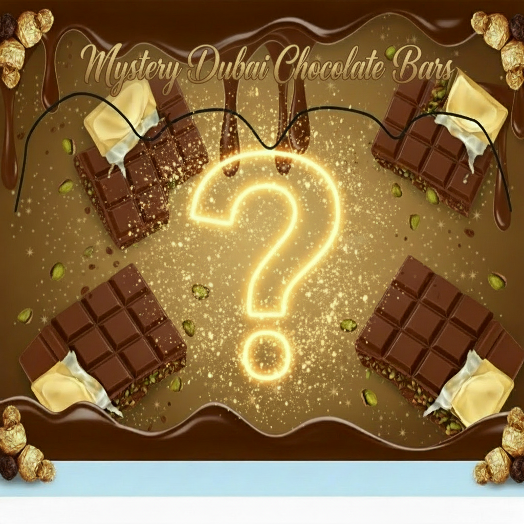 Chocolate bars with a question mark in the center, featuring Labubu Dubai Chocolate Bars branding.