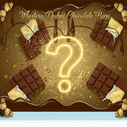 Chocolate bars with a question mark in the center, featuring Labubu Dubai Chocolate Bars branding.
