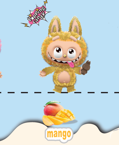 Cartoon character in a yellow costume with candy-themed elements on a blue background