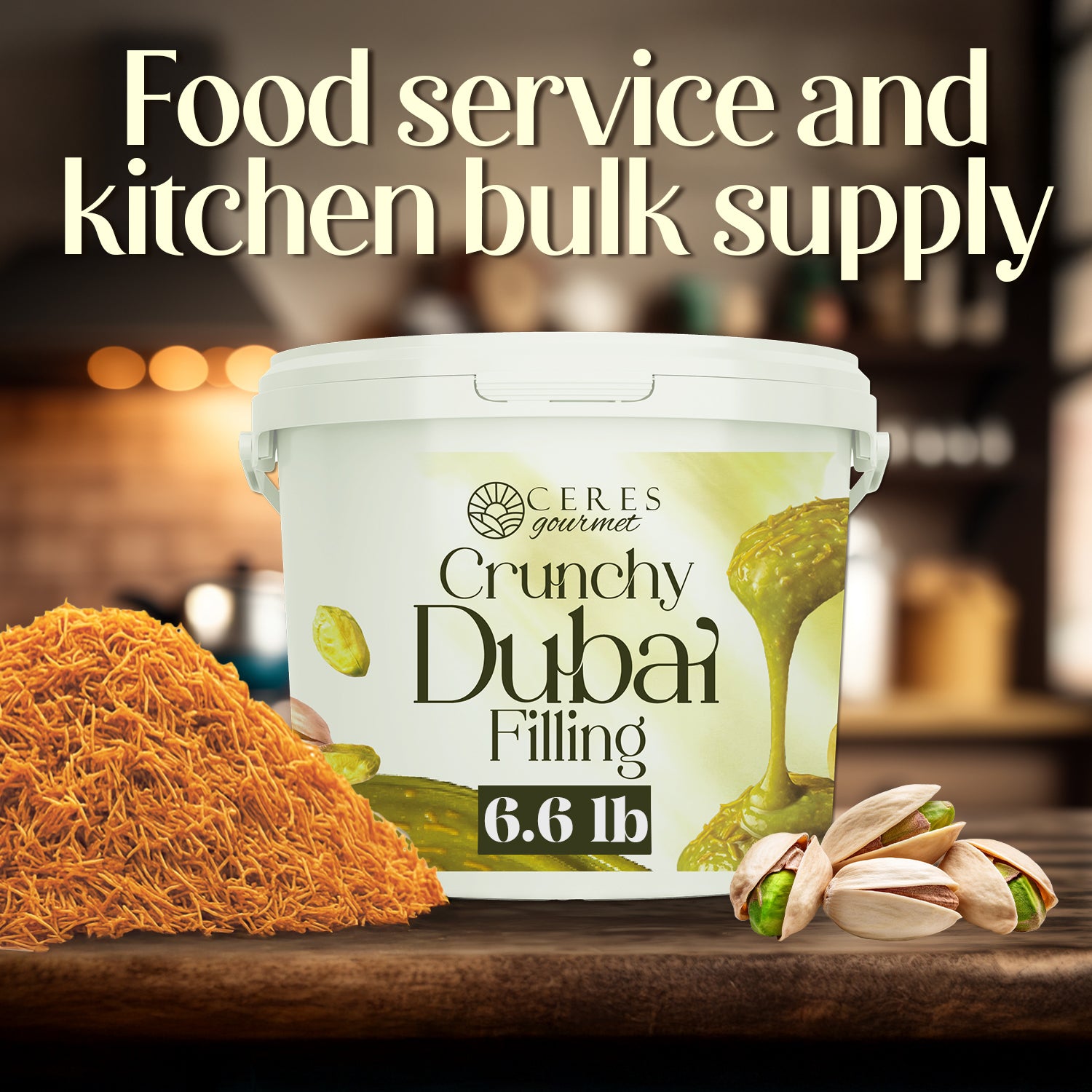 A large tub labeled Ceres Gourmet Pistachio Filling for Dubai Chocolate (6.6 lb) sits with pistachios and shredded pastry, ideal for kataifi desserts or treats. Bulk foodservice supply. Warm kitchen background.