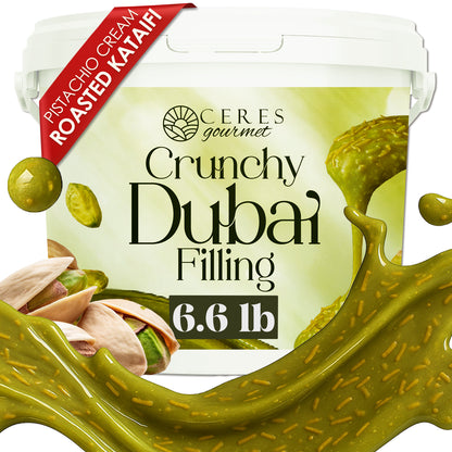 A 6.6 lb container of Ceres Gourmet Pistachio Filling for Dubai Chocolate features images of pistachios and green cream, ideal for kataifi desserts. A red ribbon reads Pistachio Cream Roasted Kataifi, with green cream art on the package.