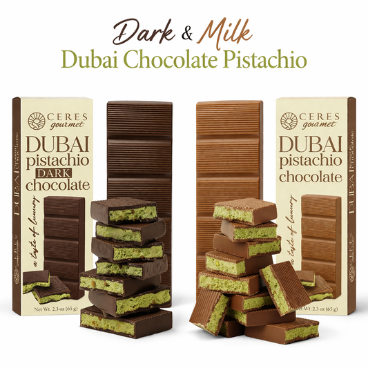 Ceres Gourmet Dubai Pistachio chocolate bars with packaging on a white background