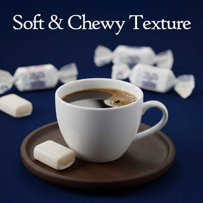 White cup of coffee on a brown saucer with white candy bars in the background, labeled 'Soft & Chewy Texture'.
