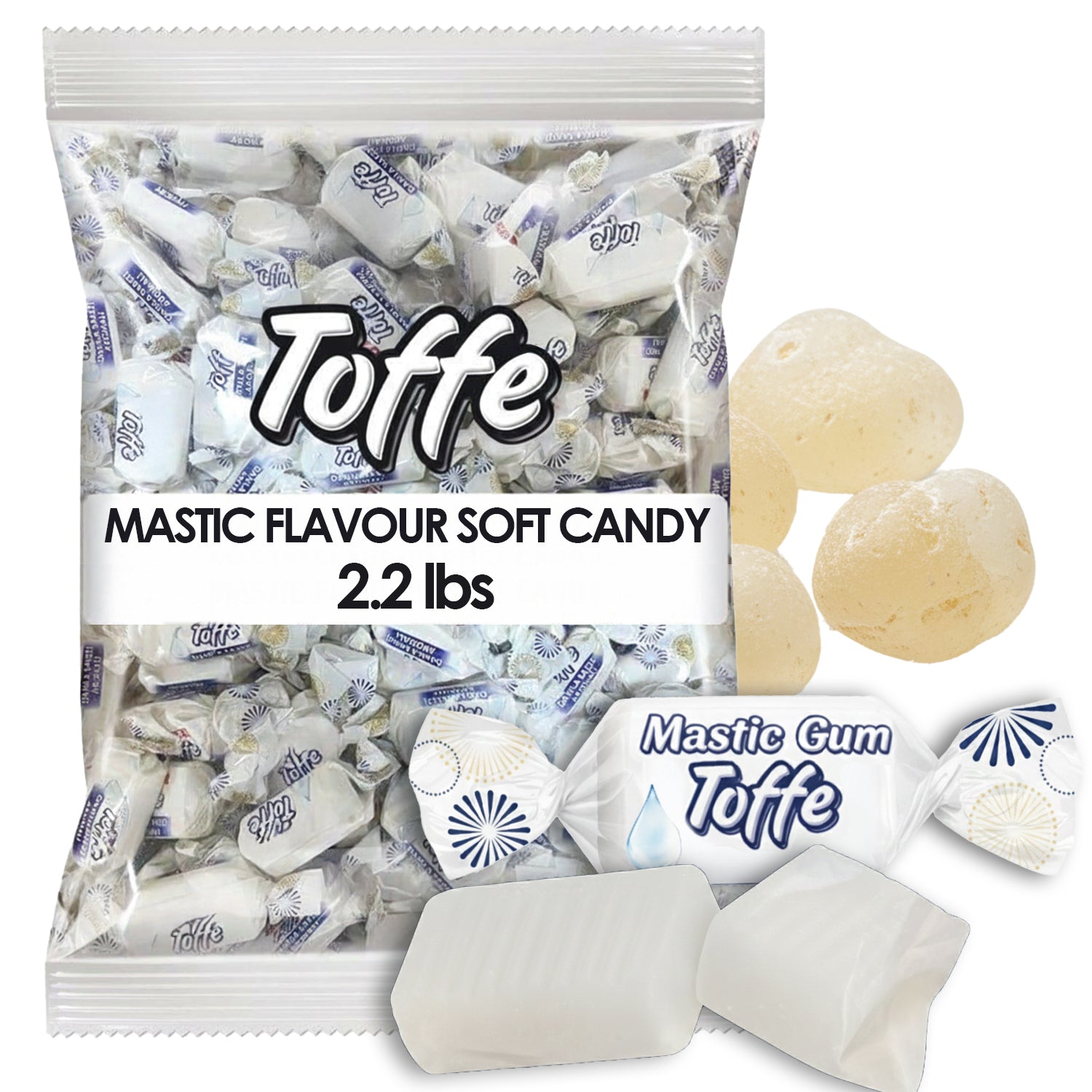 Packaging of Toffe mastic flavor soft candy with candies displayed on a white background