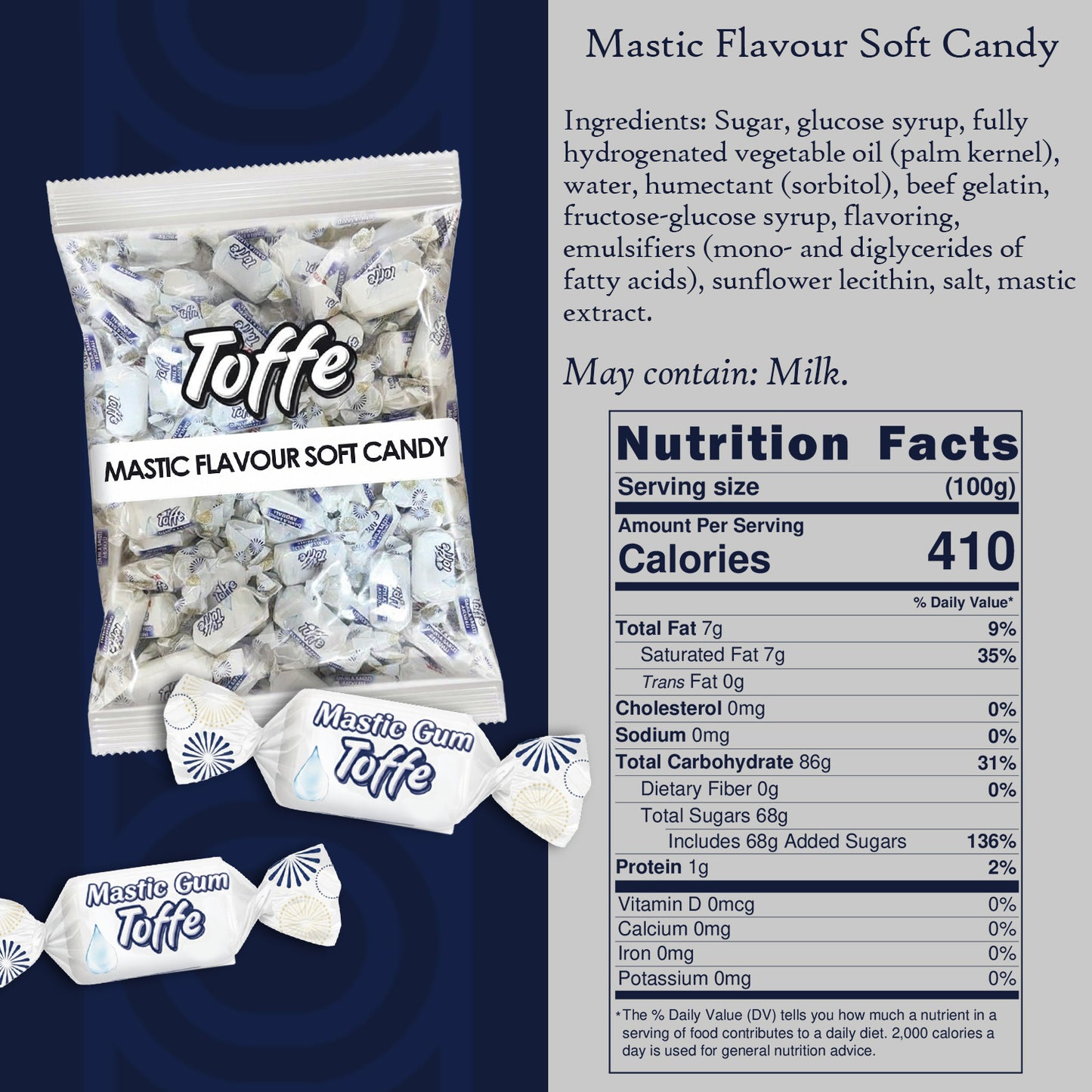 Toffe mastic flavor soft candy packaging with nutrition facts on a blue background