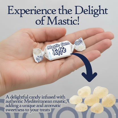 Hand holding a Mastic Gum Toffe candy with text about mastic gum.
