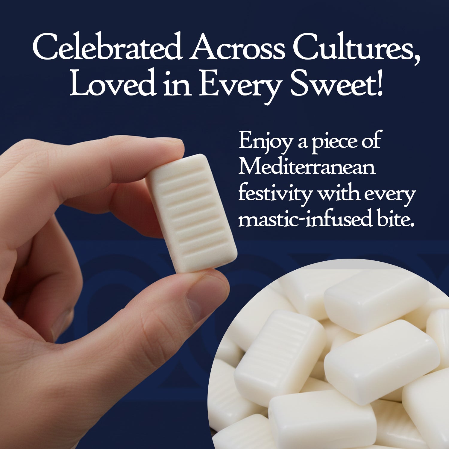 Hand holding a mastic gum piece with text about its global popularity and Mediterranean origins.