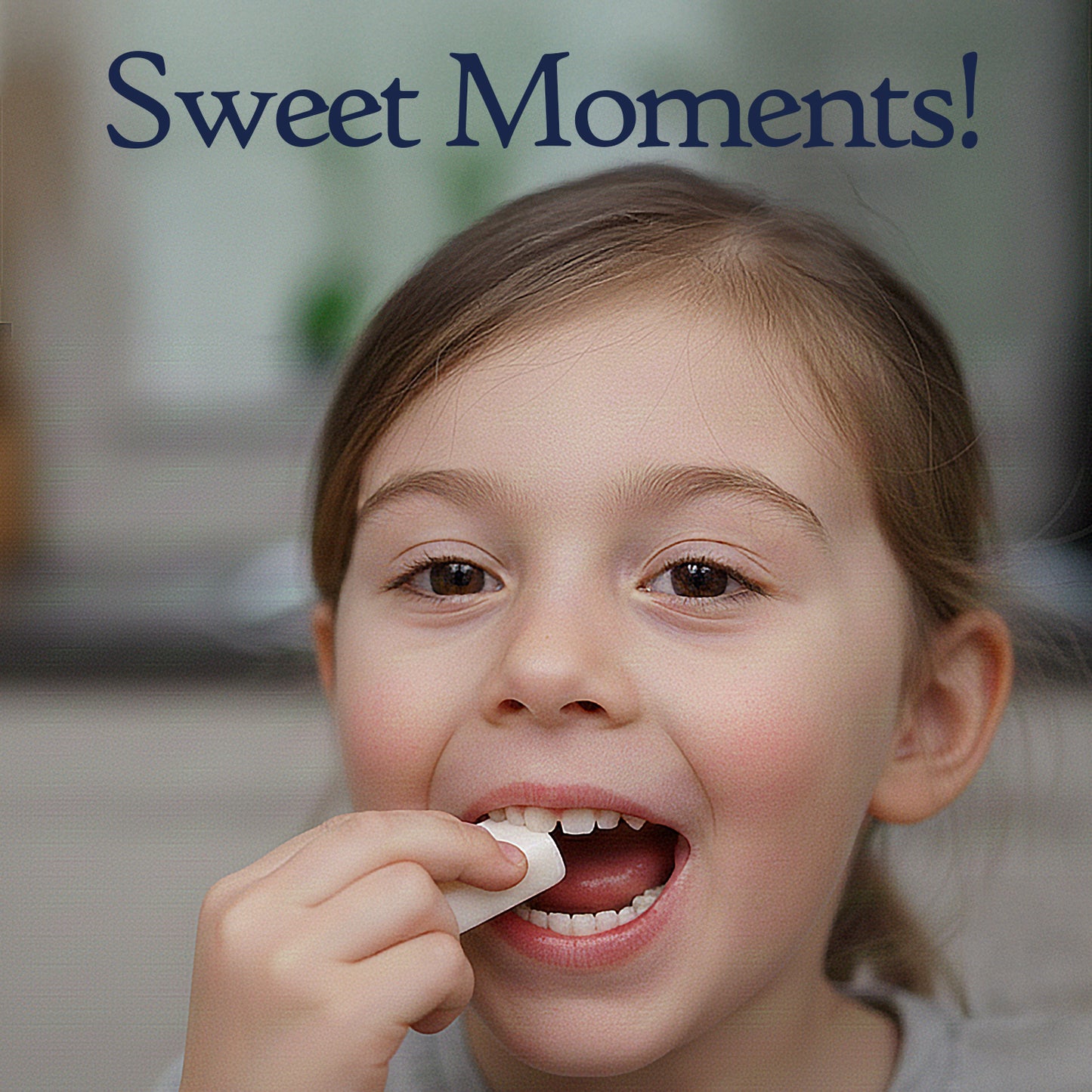 Young girl with a toothbrush, with text 'Sweet Moments!' above her.