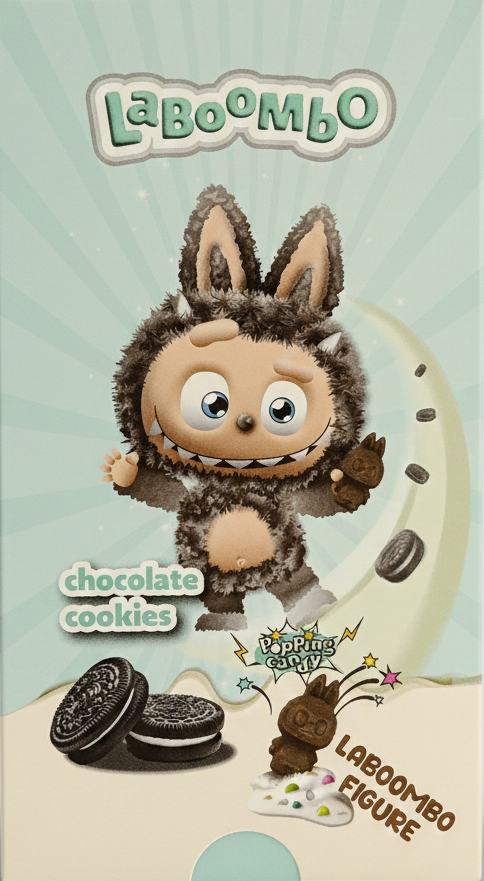 LaBoombo chocolate cookies figure packaging with a cartoon character and Oreo cookies on a light blue background.