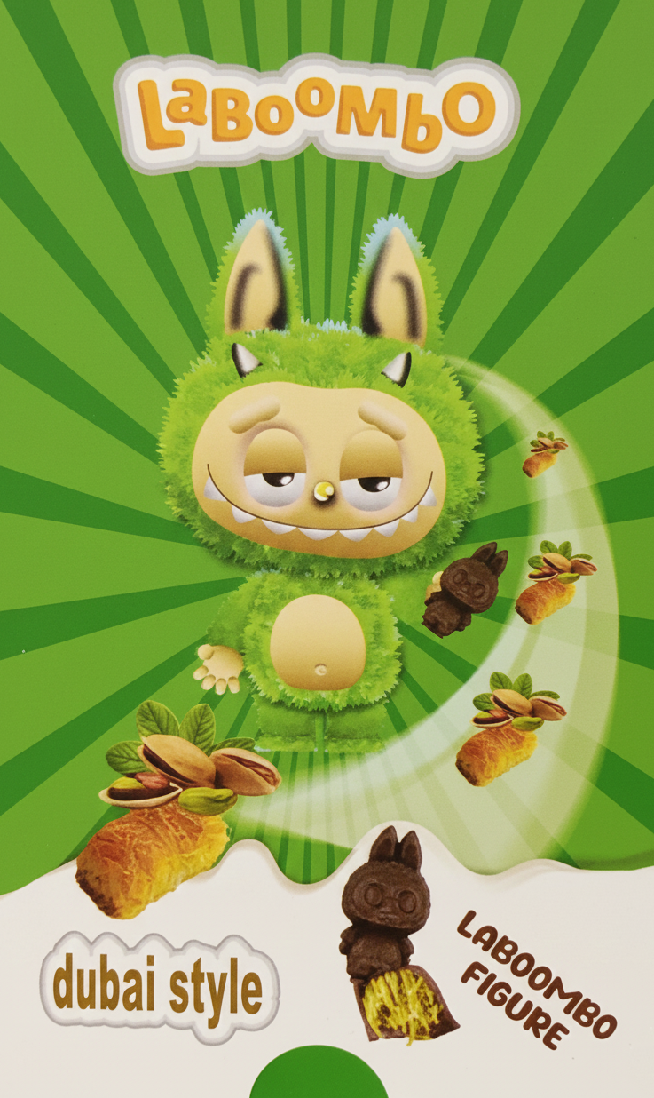 Green cartoon character with animal ears on a green and white background, featuring the brand 'Laboombo'.