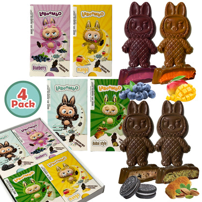 Chocolate bunny figures with packaging and additional treats on a white background
