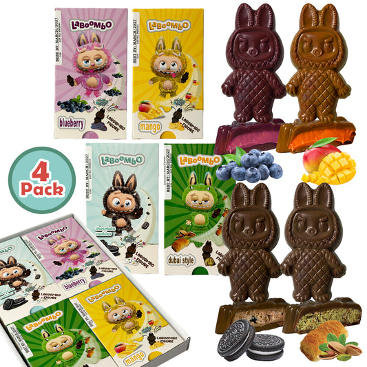 Chocolate bunny figures with packaging and additional treats on a white background