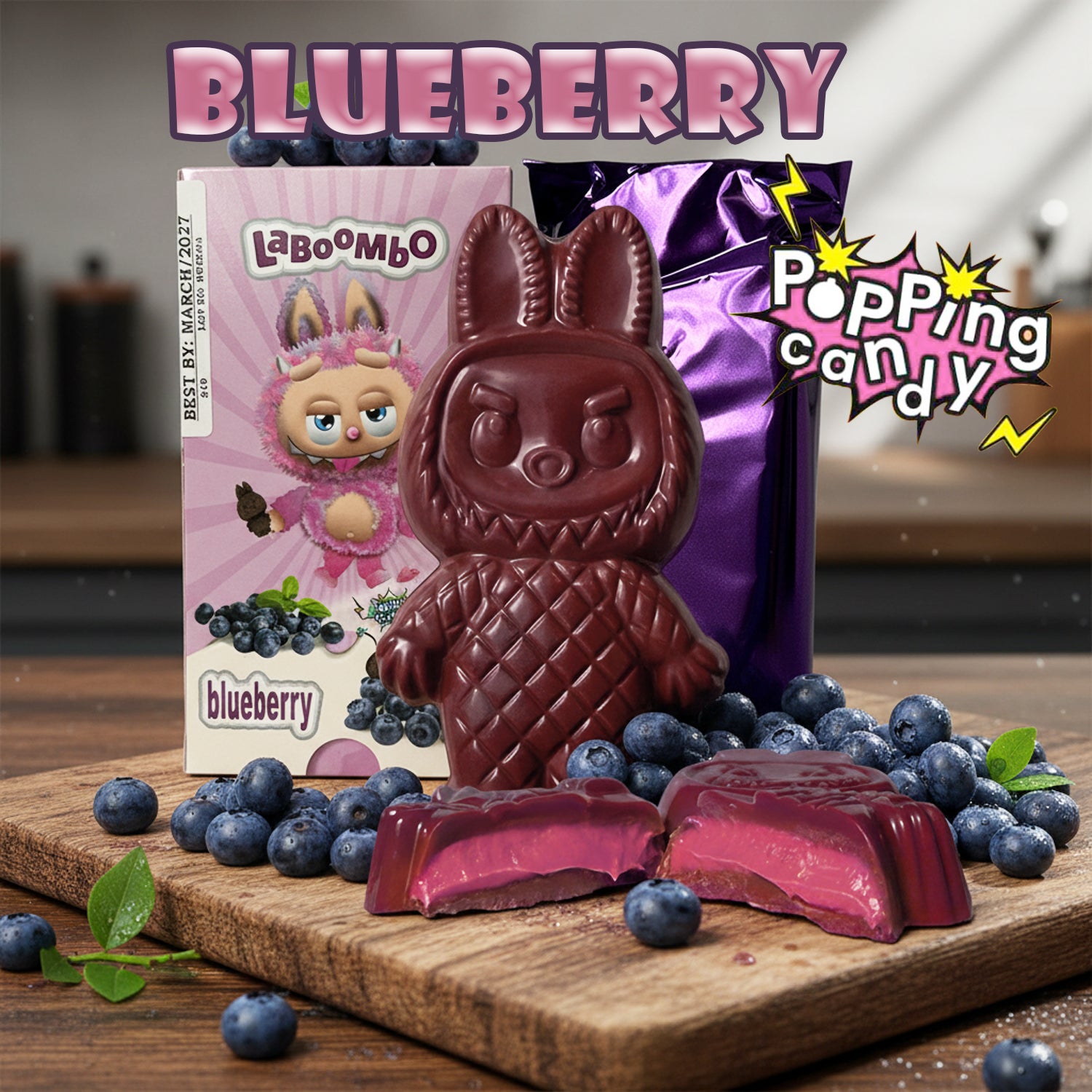 Chocolate bunny with blueberry jelly, blueberries on a wooden board, and Labombo packaging.