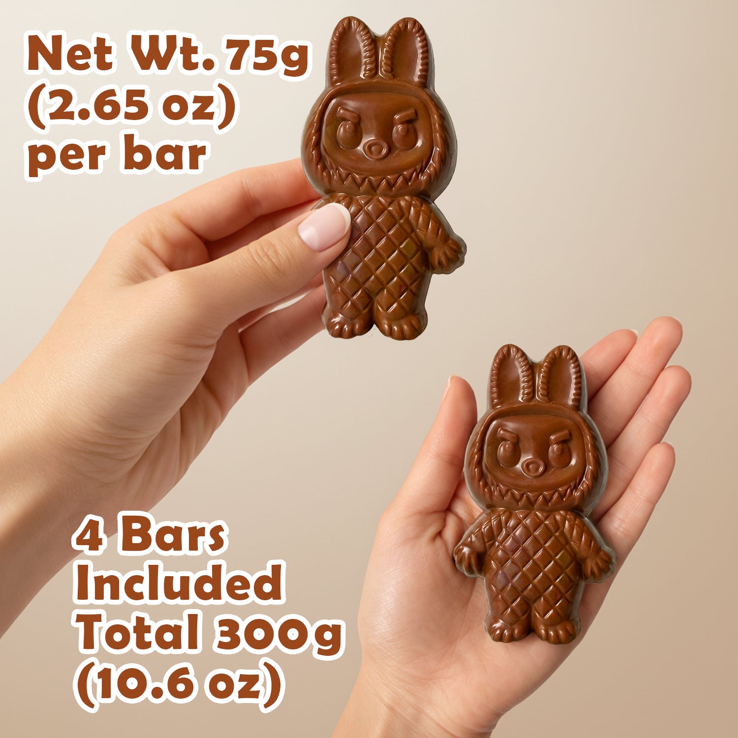 Chocolate bunny bars held in hands with weight and quantity information on a beige background