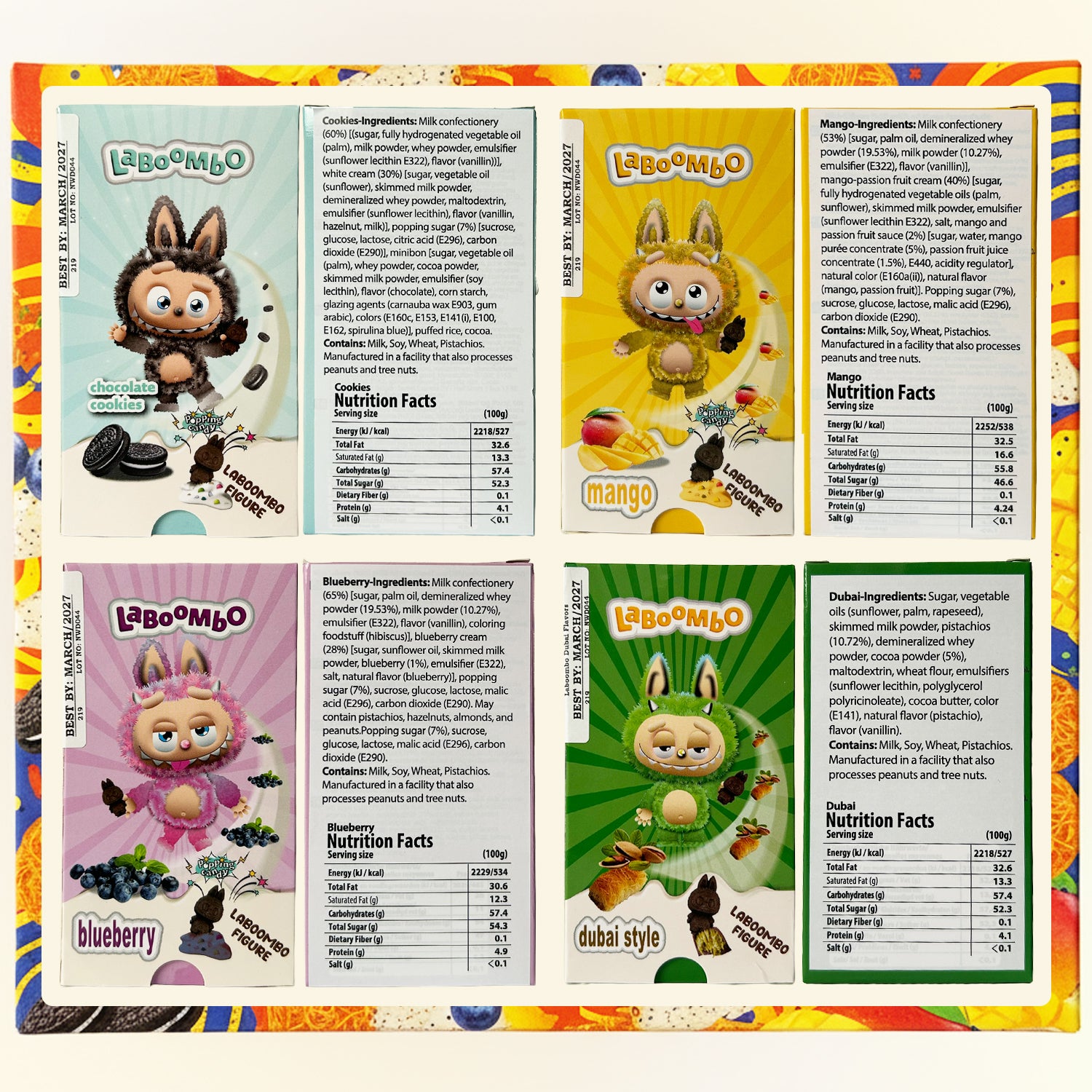 Four differentLaboomo candy packages with colorful borders and product images.