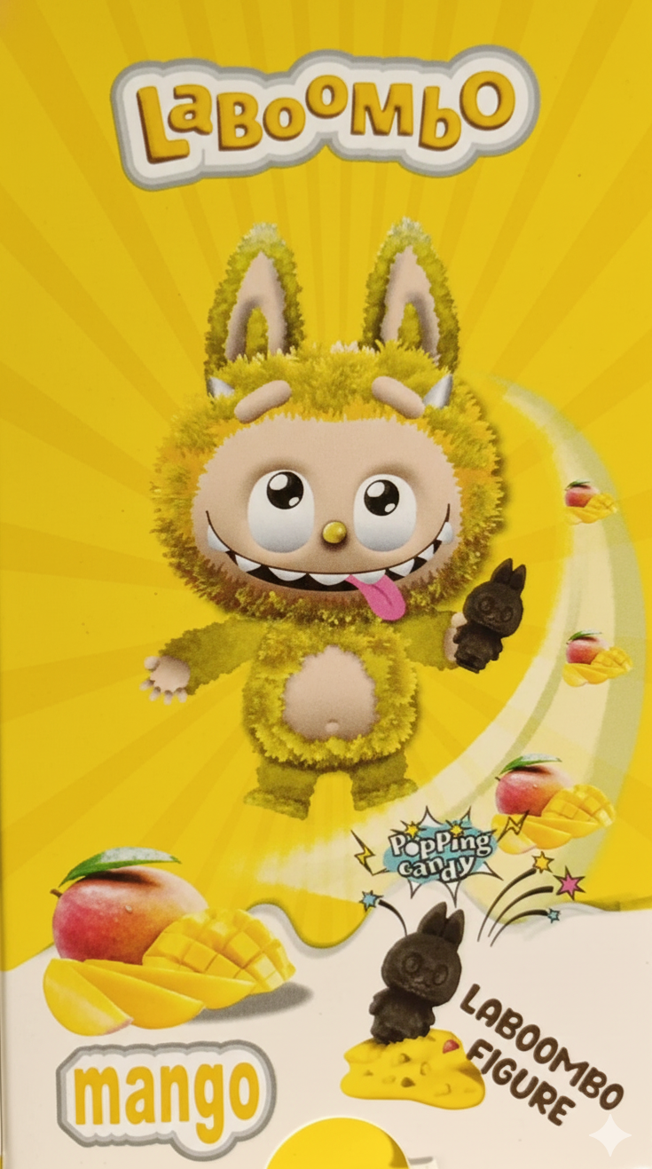 Yellow plush toy with cartoonish design on a yellow background, featuring the brand 'LaBoombo'.