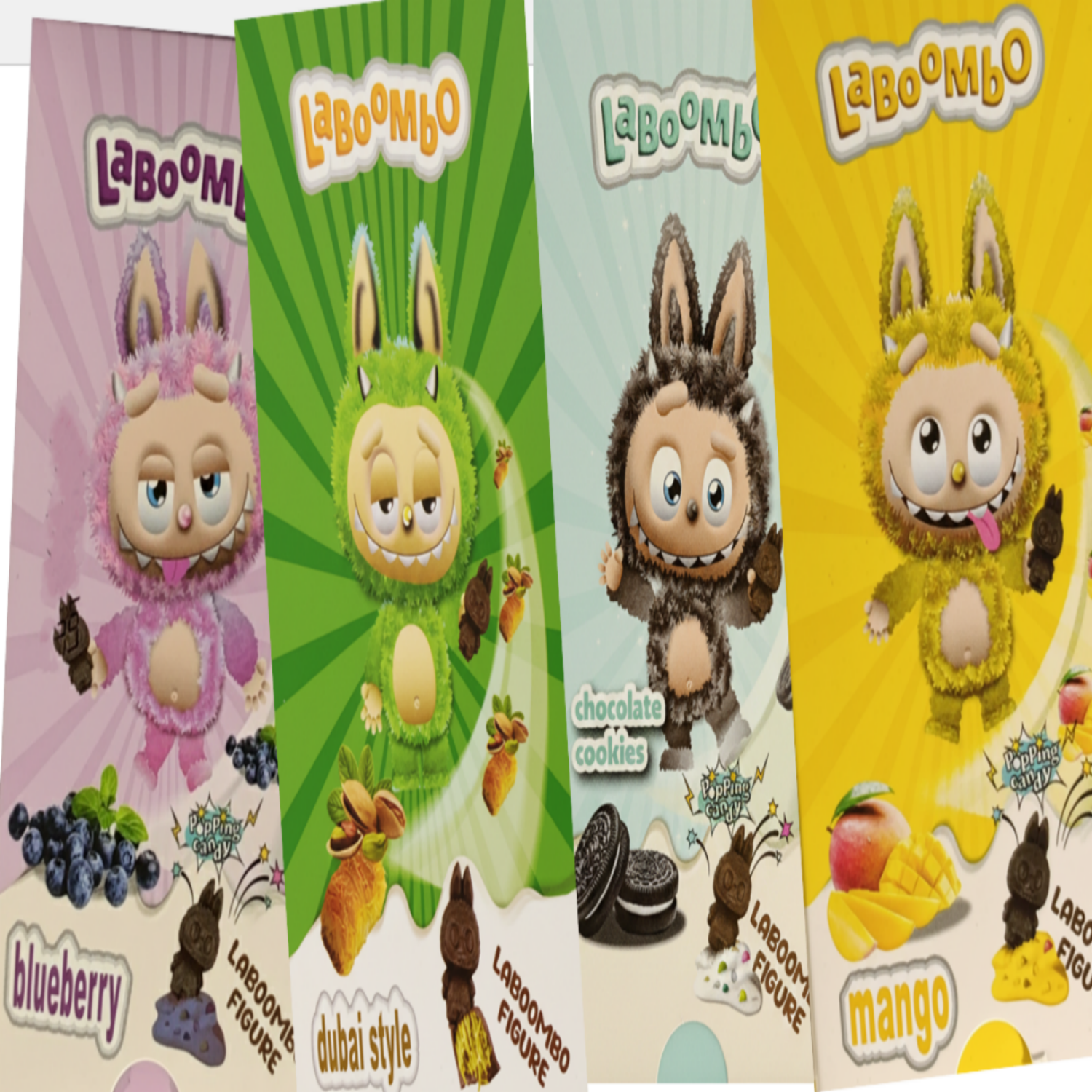 Four colorful packaging designs of Laboomo characters with different flavors and themes.