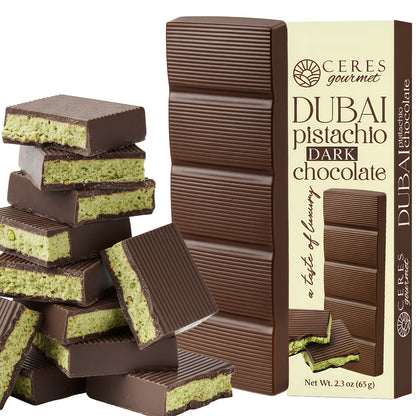 Ceres Gourmet Dubai Pistachio Dark Chocolate bar with packaging on a white background
