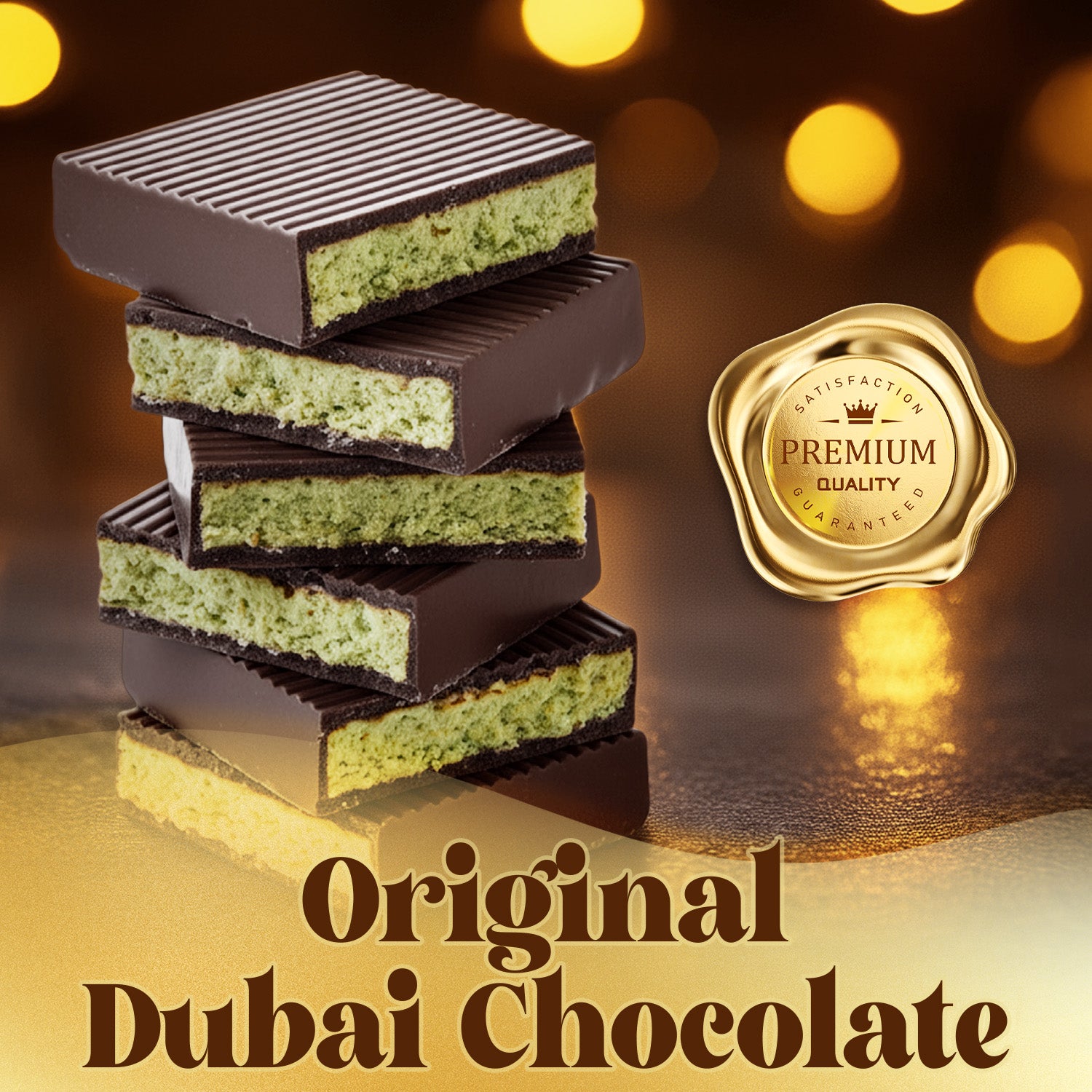 Stack of chocolate bars with a gold seal and 'Original Dubai Chocolate' text on a blurred background