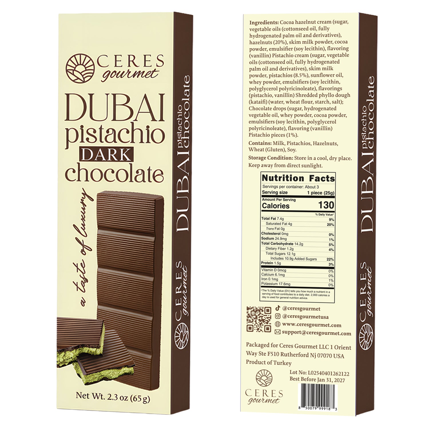 Ceres Gourmet Dubai Pistachio Dark Chocolate packaging with nutrition facts on a white background