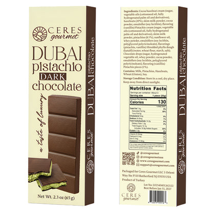 Ceres Gourmet Dubai Pistachio Dark Chocolate packaging with nutrition facts on a white background