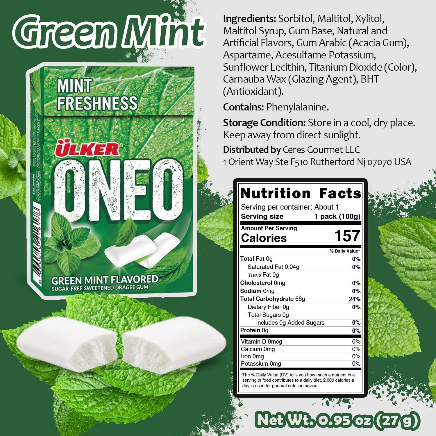 Ulker Oneo Green Mint flavored gum packaging with ingredients and nutrition facts on a green leafy background.