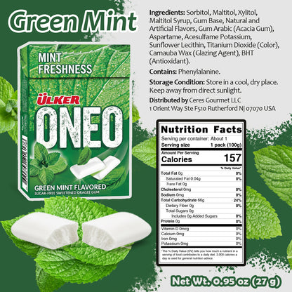 Ulker Oneo Green Mint flavored gum packaging with ingredients and nutrition facts on a green leafy background.