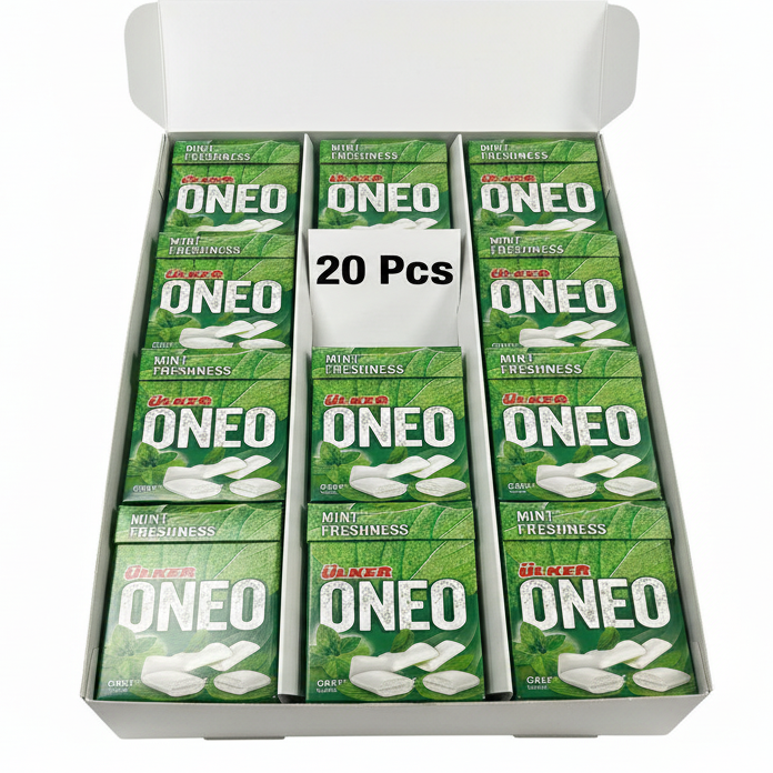Box of Ulker ONEO mint fresh green packaging with 20 pieces.