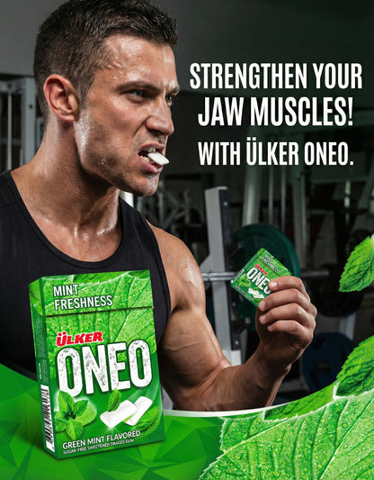 Man holding Ulker Oneo mint freshnes packaging with gym equipment in the background