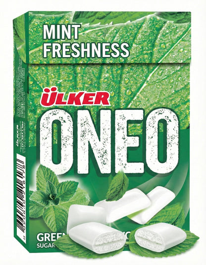 Ulker Oneo mint freshness packaging with green leaves and white candy pieces.