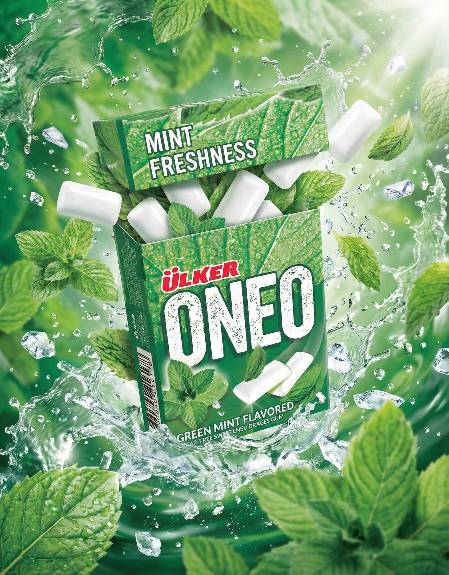 Ulker Oneo green mint flavored chewing gum packaging with mint leaves and water droplets.