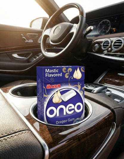 Box of oneo mastic flavored gum in a car cup holder
