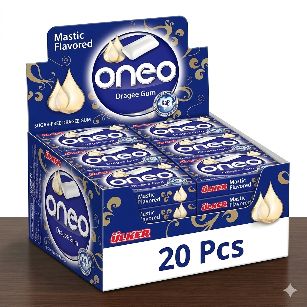 Box of Ulker Oneo mastic flavored dragee gum on a white background