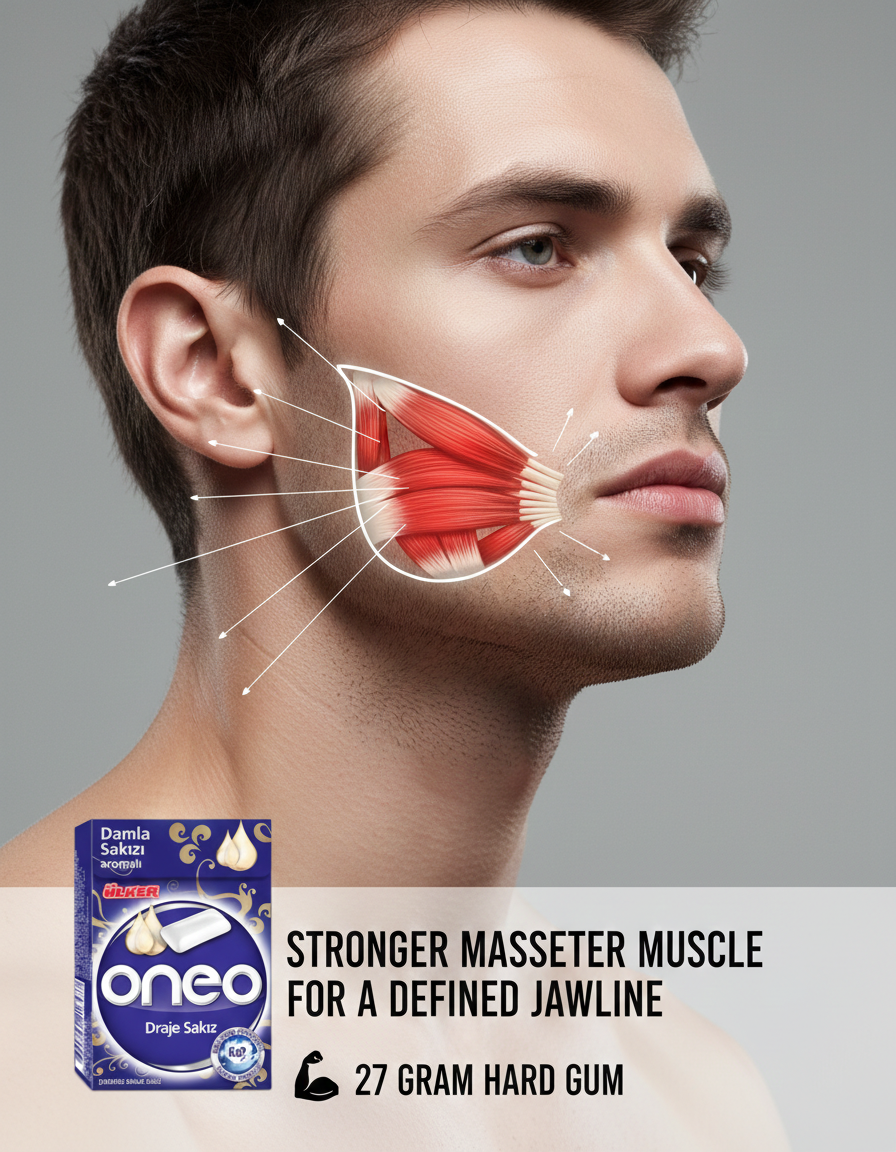 Man with highlighted jawline muscles and Oneo gum packaging on a gray background