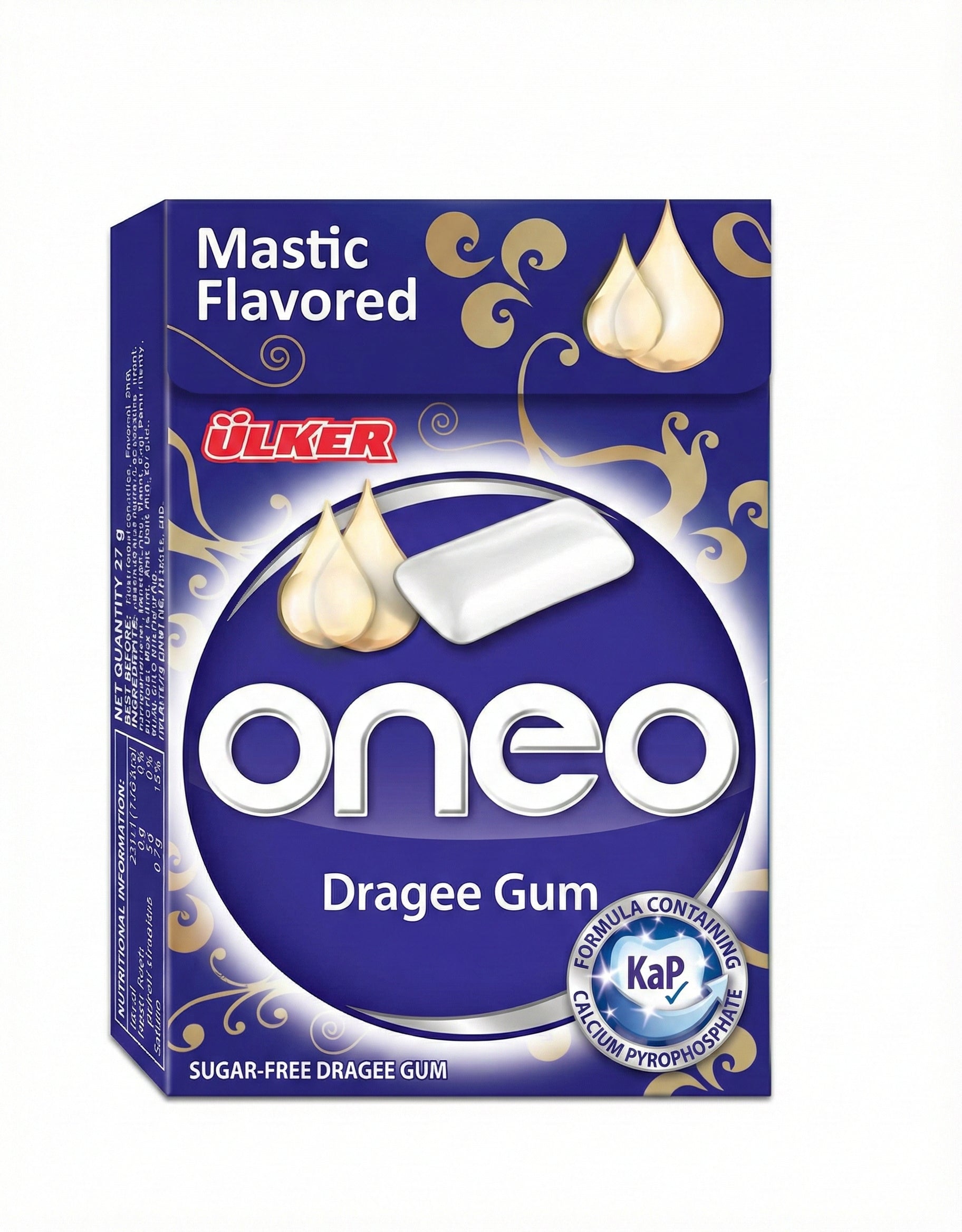 Box of Ulker oneo Mastic Flavored Dragee Gum on a white background