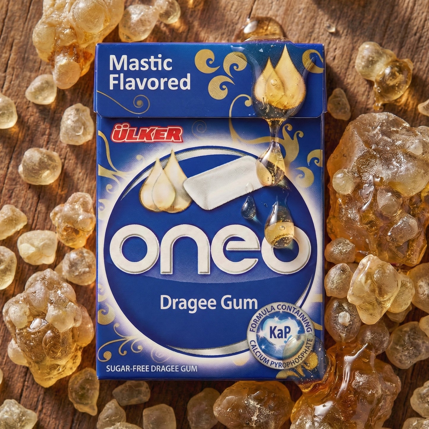 Ulker oneo mastic flavored dragee gum packaging on a wooden background with mastic pieces.