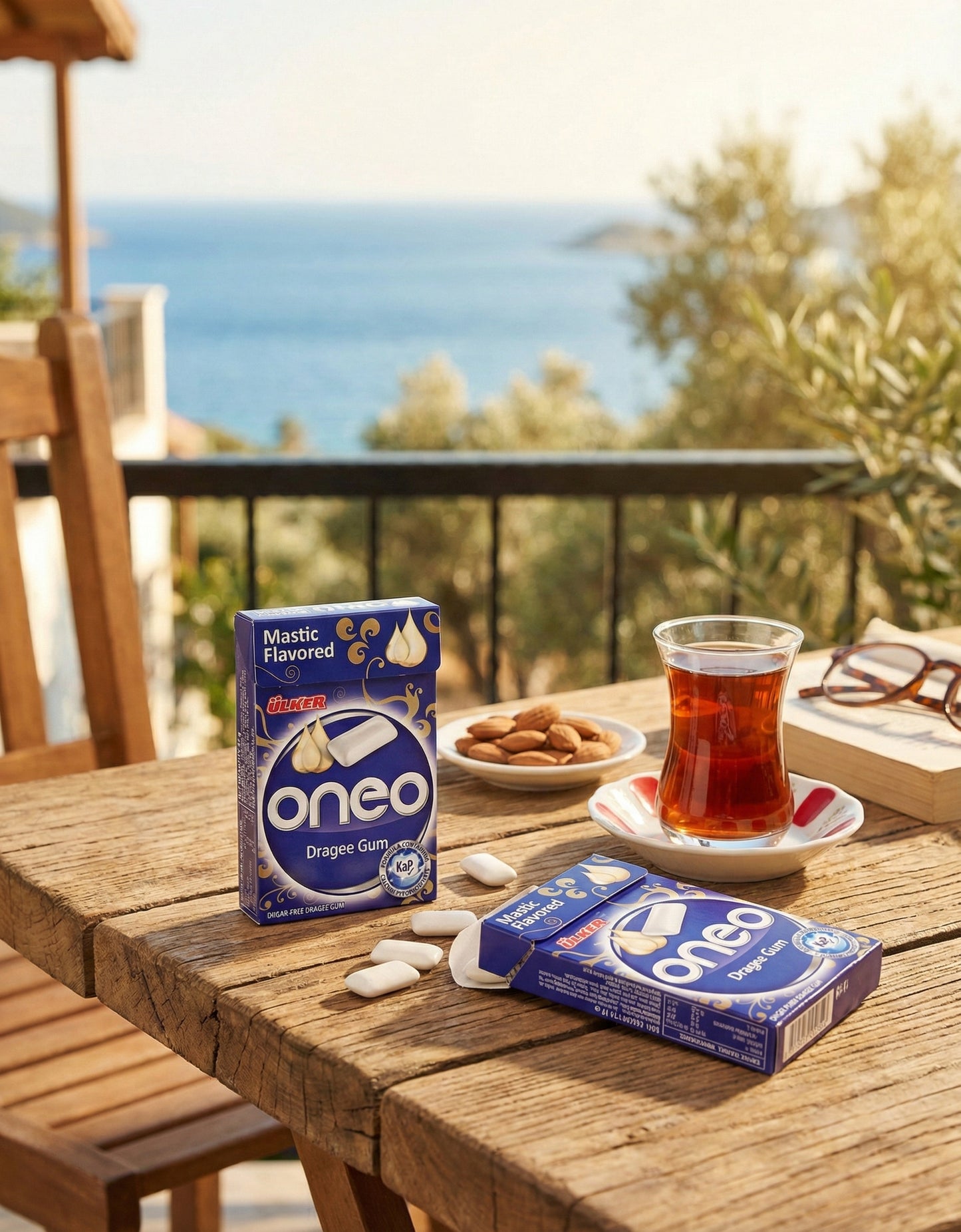 Oneo mastic-flavored gum boxes on a wooden table with a scenic background