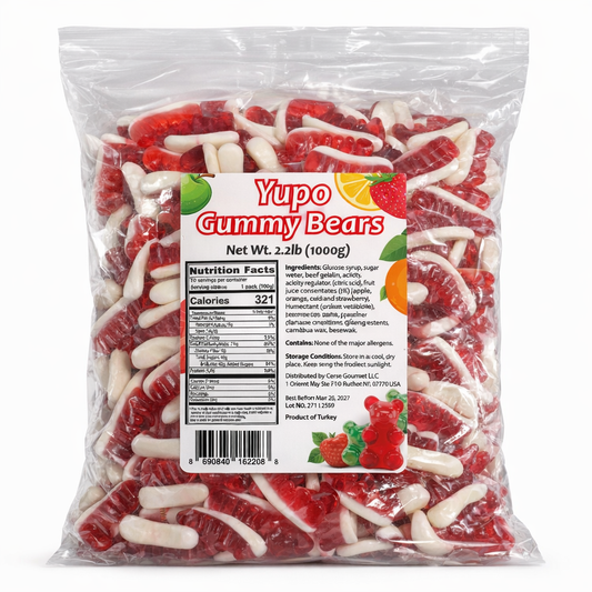Bag of Yupo Gummy Bears with a label on a white background