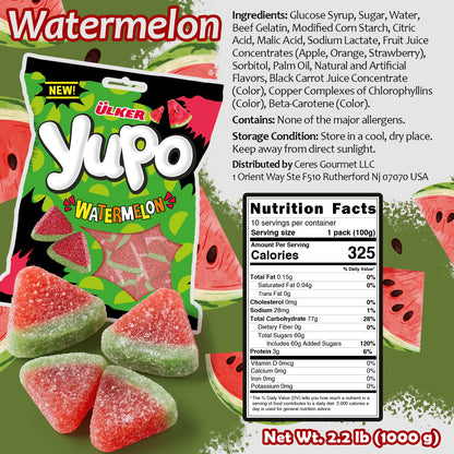 Yöşkçğlu Yuğlu watermelon-flavored gummy candy packaging with nutritional information.