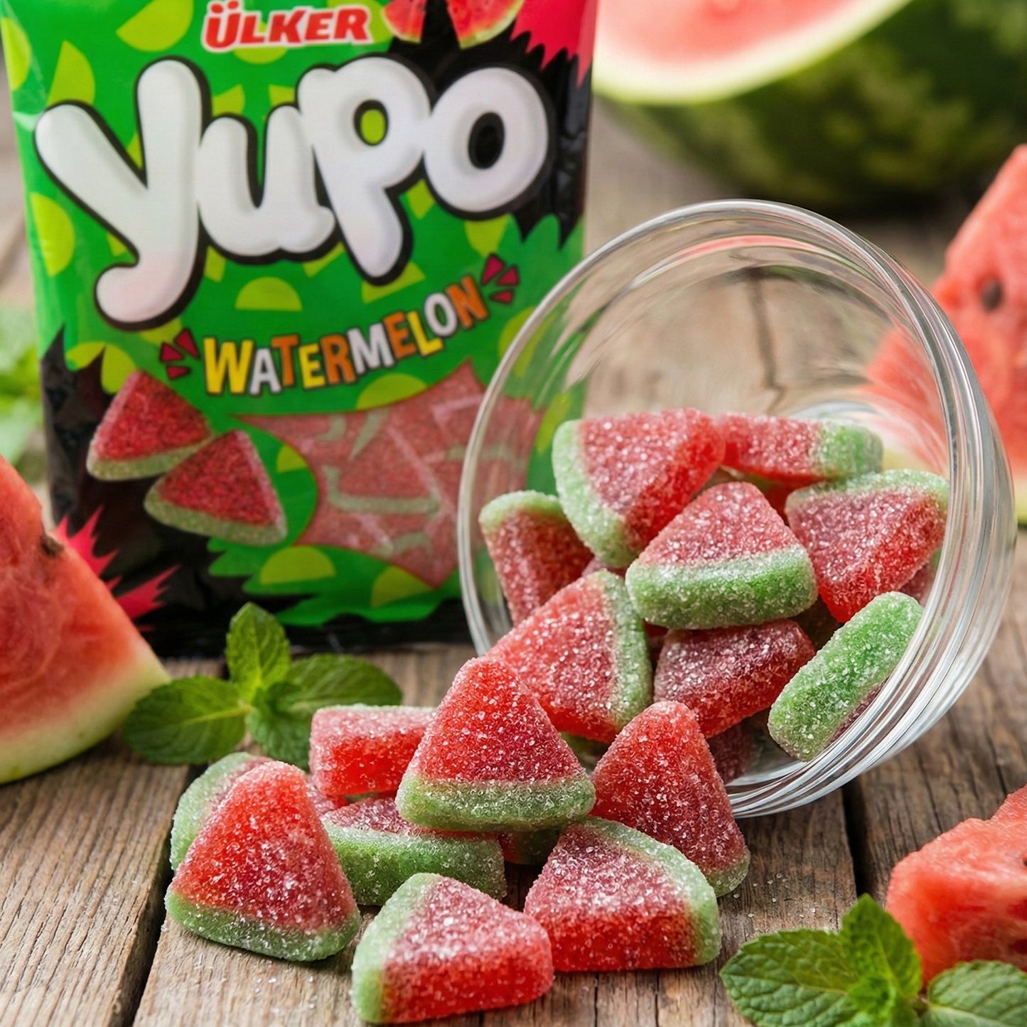 Ulker Yupo watermelon gummy candies with a green packaging in the background.