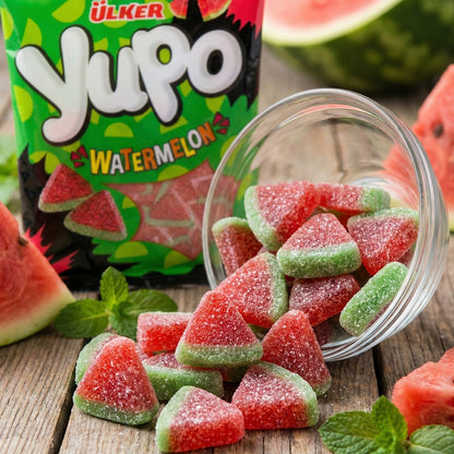 Ulker Yupo watermelon gummy candies with a green packaging in the background.